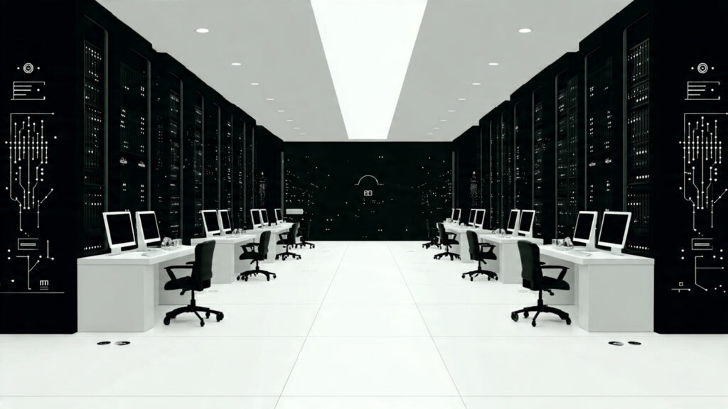 server room with holographic session ids floating 