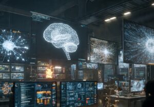 ultra detailed futuristic workspace showing deep l