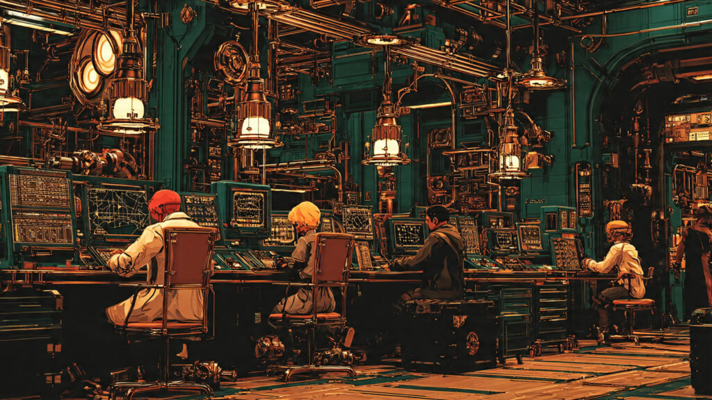 vintage style computing lab with early ai computer (1)