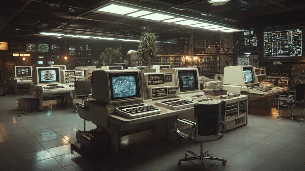 vintage style computing lab with early ai computer