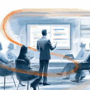 a realistic office scene where a leader